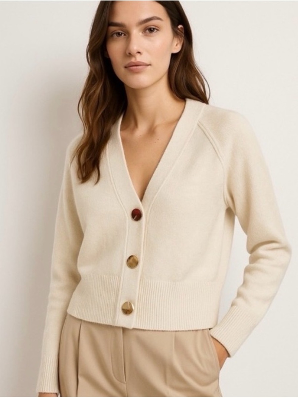 ESQUALO Cream V-Neck Button Cardigan with Gold Buttons
